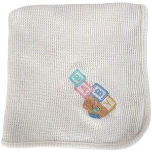 Vtg OWEN White Thermal Baby Blanket Bear Blocks Unisex Lovey 24x31 Embroidered